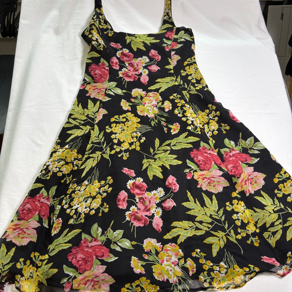 Lauren Ralph Lauren, Garden, Floral Silk Midi Dress, Black, Size 6, MSRP $180